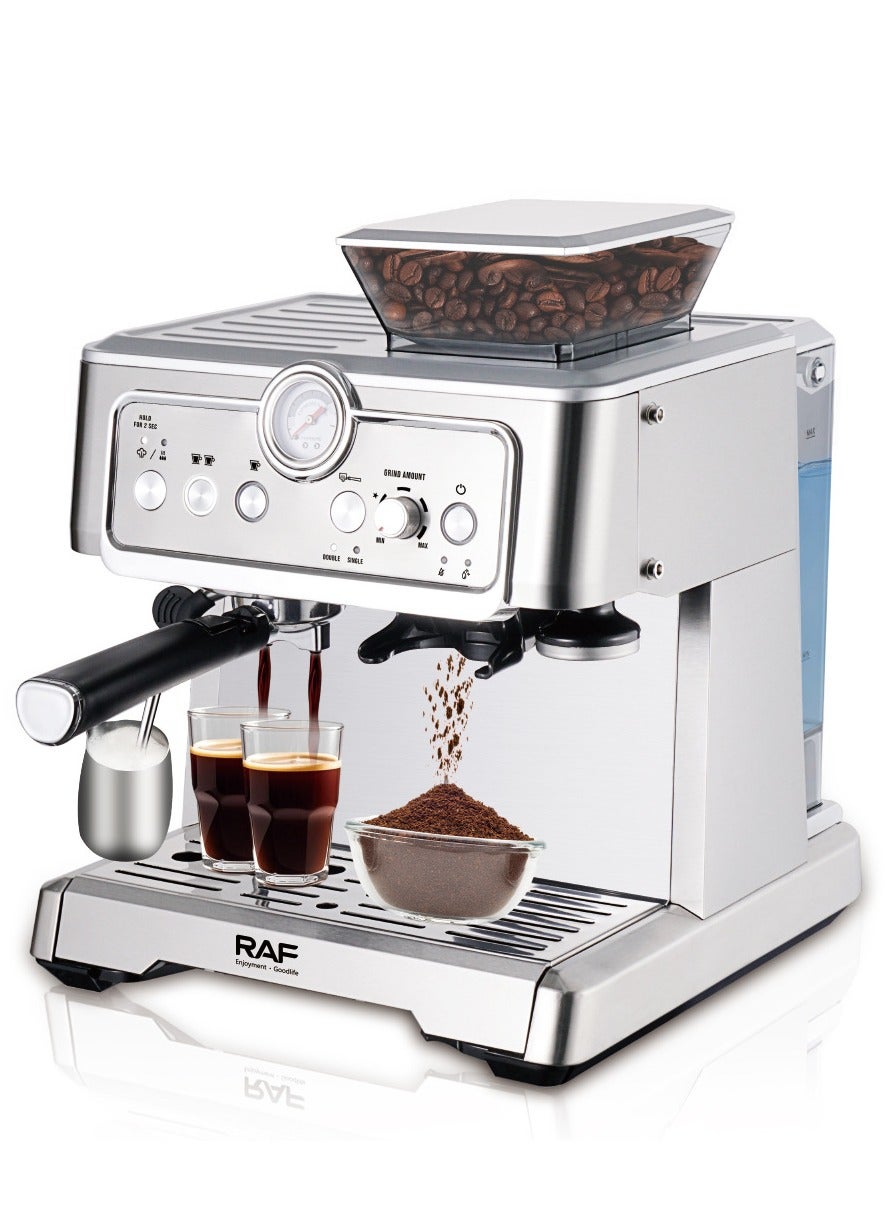 RAF 1350W Espresso Coffee Machine with Grinder & Milk Frother | 2.3L Large Capacity, Twin Brewing Cycle | Professional Barista Coffee Maker for Home & Office